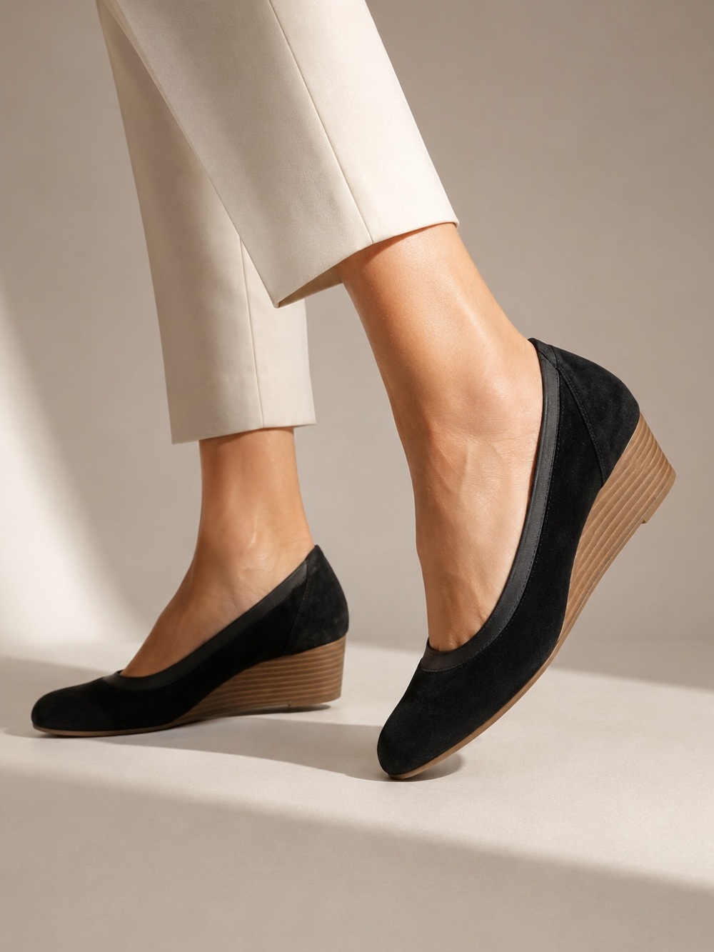 LANDS' END Black Suede Wedge Heels 11 US Slip-On Career Office Minimal Classic